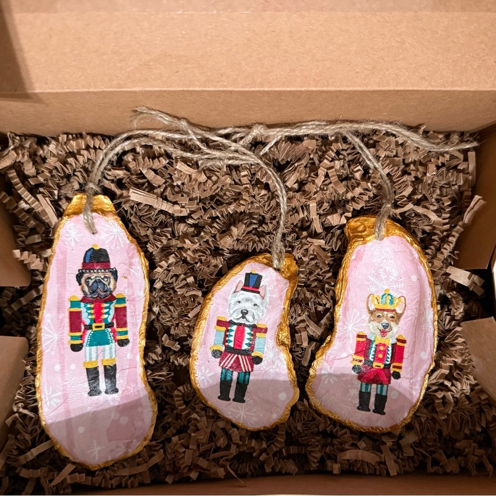 Set of 3 hand crafted oyster shell ornaments.